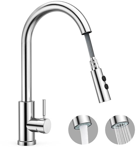 Grifo cocina extensible con ducha extraíble 50 cm, grifo acero inoxidable 304 giratorio 360°, 2 modos de chorro antisalpicaduras, alta presión, grifo fregadero moderno doble