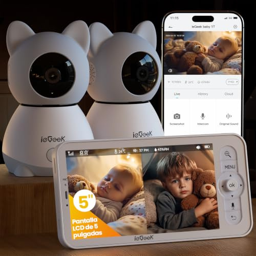 ieGeek Cámara Vigilancia Bebé 2K/3MP con 2 Cámaras, Monitor Bebé Pantalla 5 Dividible, Vigilabebés con Detección de Movimiento, Monitor de Temperatura, Audio Bidireccional, Visión Nocturna