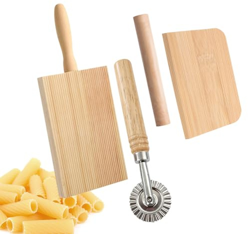 Dtenlur 4 PCS Tablas para Hacer Pasta Tabla de Madera para Gnocchi que Incluye Rodillo de Amasar Cortador de Fideos Tabla Ranurada para Pasta y Rasqueta para Hacer Macarrones y Fideos