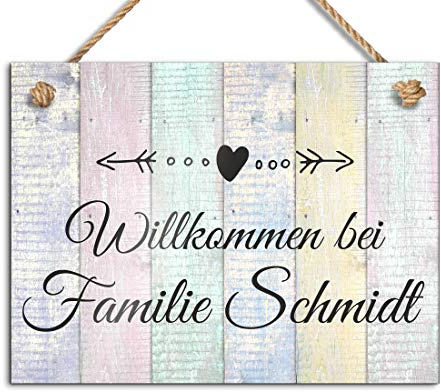 Schöne Türschilder für die Haustür | bedruckt mit Ihrem Wunschtext - UV-Druck/mit Kordel in versch. Größen bedruckte Namensschilder Klingelschilder mit Namen Herzlich Willkommen 20x15 cm