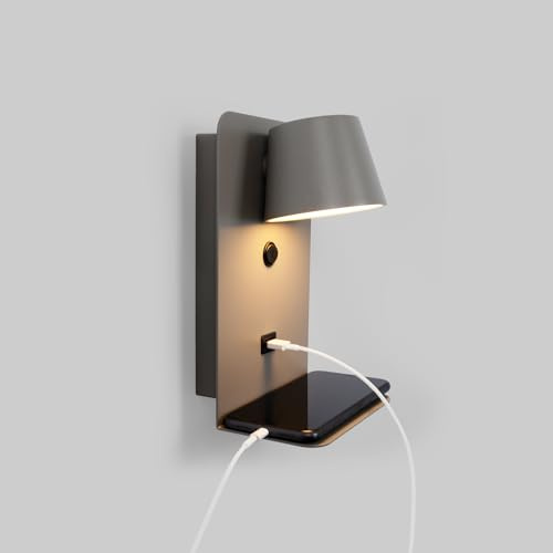 BarcelonaLED Lampada da Parete con Ripiano Base di Ricarica USB Faretto LED Orientabile 6W Bianco Caldo 2700K Interruttore Integrato per Camera da Letto Testiera Lettura Soggiorno