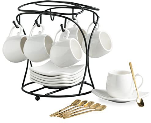 LYEOBOH Espresso Cups with Saucers Set, Porcelain Coffee Cups and Metal Stand and Spoons, Small Demitasse Cups for Espresso, Latte, Cafe Mocha, Cappuccino, and Tea, 3 OZ, Set of 6, White