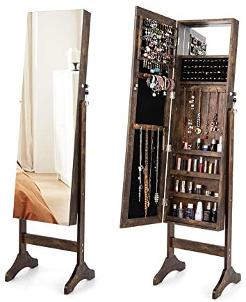 COSTWAY Armoire à Bijoux,Miroir Plein Sans Cadre, Armoire de Rangement de Maquillage sur Pieds pour Bijoux avec Porte Verrouillable, 4 Angles d'Inclinaison Réglables (Marron)
