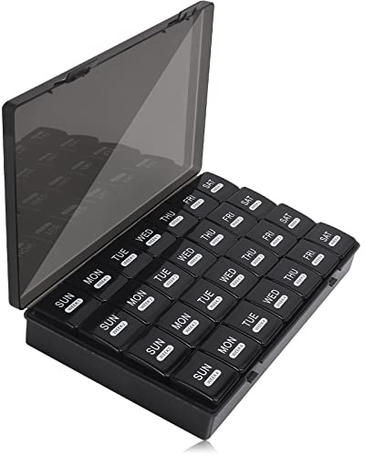 Pillerbox 28 dagar, happybas 4 veckor pillerask medicinlåda, månad tablettlåda pillerlåda, stora fack, medicinarrangör för vitaminsorganisatör, kosttillskott, fiskoljor (svart)