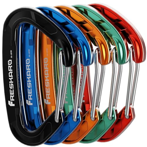 FresKaro 5Pezzi Moschettone Portachiavi, Moschettoni Alluminio Ultralight, Forte 15kN 1529kg, Rapido Sgancio Grande Gancio per Borse, Zaino, Camp, Guinzaglio Cane, Altalena, Amaca, 8cm 21g, Arcobaleno