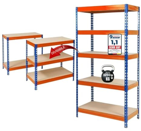 KARAT scaffalatura per carichi pesanti - Scaffale a incastro, scaffale per cantina, scaffale di magazzino, banco da lavoro - Portata fino a 1250 kg - Montaggio rapido e stabile (Blu-Arancio, 220 x 120