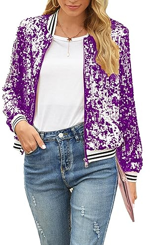FeMereina Womens Sequin Long Sleeve Front Zip Jacket with Ribbed Cuffs Sparkly Zip Up Sequin Bomber Jacket Coat (Purple, L)