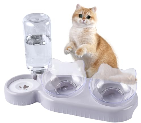 Katzennapf 3er Set, 3-in-1 Katze Futternapf und Wassernapf Set, Doppel-Katzennäpfe mit Wasserspender für Haustiere, 15 ° Kippbare Katzennapf Erhöht für Kleine,Mittelgroße Hunde Katzen