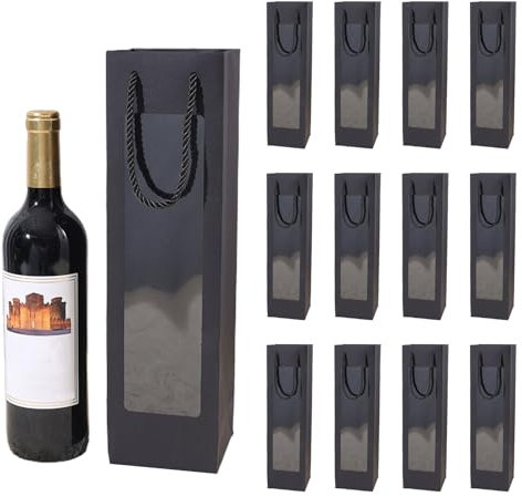 Kraft-Wein-Geschenktüte, Fenster transparent Premium-Wein-Geschenktüte mit Griff, Kraft-Wein-Organizer für Weihnachten, Hochzeit, Party (Schwarz)