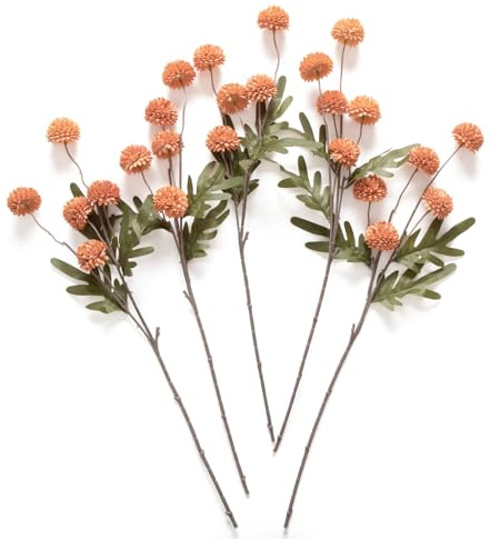 Laelfe Artificial Pompon Mum Burnt Orange, 5Pcs Fake Kiku Flowers Silk Small Mini Chrysanthemum Ball Faux Mum Decor for Vase Filler DIY Bouquet Centerpieces Arrangements Shower(Burnt Orange)