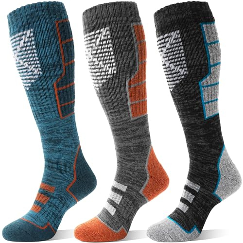 MOSEY KOSY 3 Paar Unisex Merino Wolle Skisocken Thermo Warme Winter Dicke Kniehohe Lange Sport Socken für Wandern Skifahren(Orange-grauer Serie,42-46)