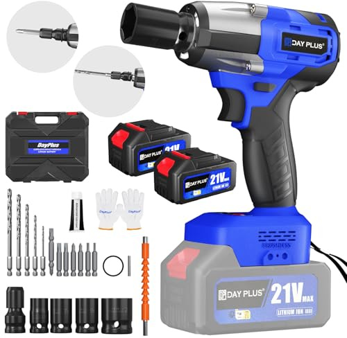 21V Cordless Impact Wrench, 1/2 Power Impact Driver, 2500RPM & Max Torque 450Nm, 3-in-1 High Torque Electric Wrench with 4 Socket Set, 12 Drill Set ,2 Battery, 1 Charger and 1 Carry Box, for Car Home