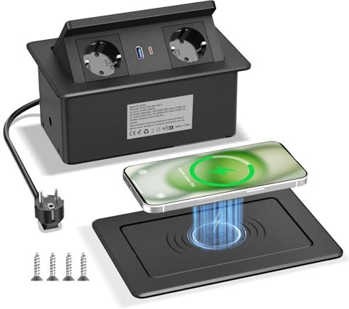 Versenkbare Steckdose mit USB C PD 20W und 15W Kabelloses Ladegerät, Tischsteckdose Versenkbar 2fach, Einbausteckdose Tischplatte Versenkbar für Arbeitsplatte Sofatisch Heim Büro, 1.8M Kable, Schwarz