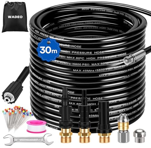 30M Manguera de limpieza de tuberías para limpiadoras de alta presión, WADEO 400 bar juego de limpieza de tuberías adecuado para Kärcher (K2-K7), Lavor y Bosch - con adaptador y boquillas