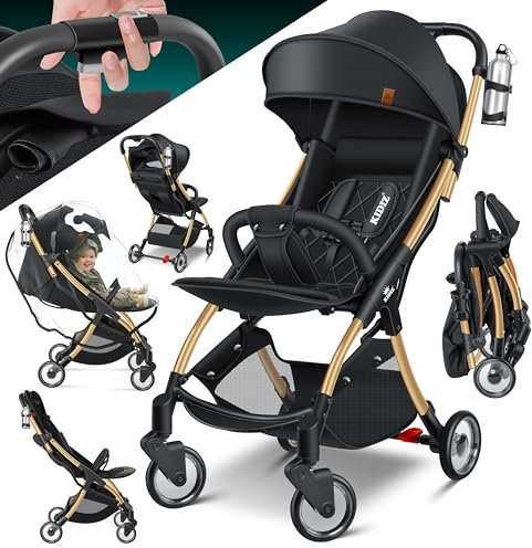 KIDIZ® Kinderwagen Premium Kinderbuggy klappbar Liegebuggy Sportwagen Faltbar 360°Räder 5-Punkt Gurt Inkl. Getränkehalter & Regenabdeckung, verstellbare Rückenlehne & Sonnenverdeck Champagne