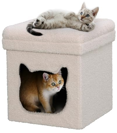 Luminexis Foldable Cat House with Storage - 2-Level Cozy Pet Bed, 15.75x15.75x17.3 Off-White | Collapsible Design & Cat-Shaped Door for Indoor Kittens