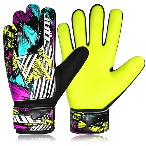 JUU Football Goalkeeper Gloves with 4mm Latex for Super Grip Palm & Double Wrist Protection Funky Goalkeeping Gloves (Fluroscent Yellow, Size 5 suitable for 9 to 12 years old)