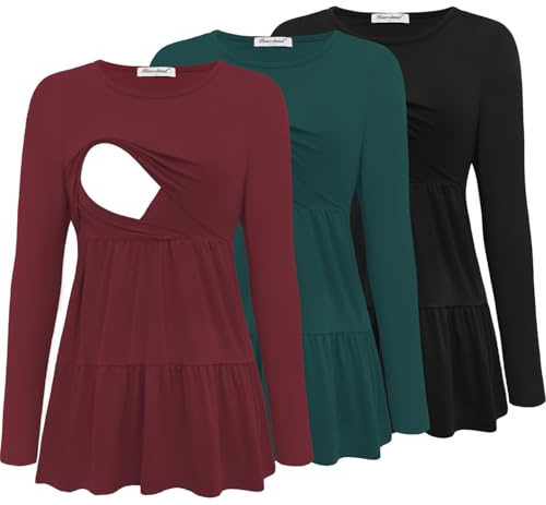 Bearsland Women’s Nursing Top 3pack Long Sleeve Scoop Neck Breastfeeding Shirts Nursing Shirt, Black & Dark Green & Dark Red, M
