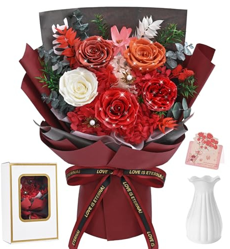 5 Pcs Glitter Red Preserved Roses Flowers Bouquet, Forever Rose Flowers for Delivery, Birthday Gifts for Women, Long-Lasting Red Roses with Vase Gift Box, Forever Flowers for Wife Mothers Day