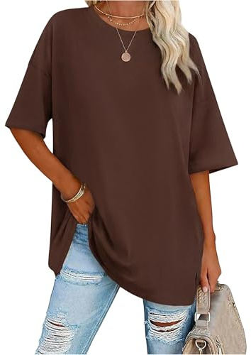 Demegimi T Shirt Femme Été Col V Manches Courtes Oversize Haut Femme Top Femme Confortable Quotidien S-XXL