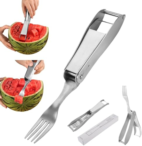 2-i-1 Vattenmelon Gaffel Skärare, 2026 Vikbara Mangoskivor Dubbelhuvud 304 Rostfritt Stål Melonskärare - Köksredskap Fruktkubskärverktyg för Hemma picknick camping(Silver-1pc)