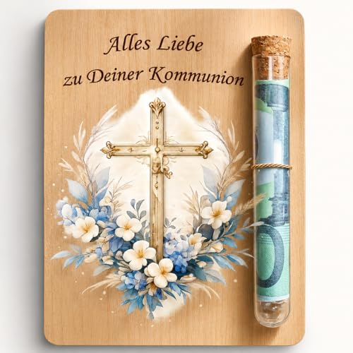 BIVYAX Coffret Cadeau Communion avec Carte Bois et Tube, Idée de Présent pour Fille et Garçon Première Communion, Souvenir Religieux avec Motif Floral et Croix, Cadeau Porte-Billet Original