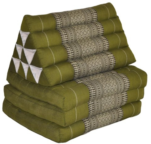 Wilai Thaiboo® Thaikissen mit 3 Auflagen, handgefertigt, Thaimatte zum Klappen, Dreieckskissen mit Klappmatratze, Keilkissen Kapok, Rücken Yogakissen Faltbar, ca.170x50x8 – Grün