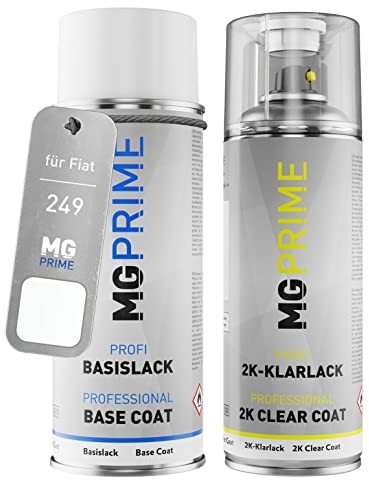 MG PRIME Vernice per auto Kit bombolette spray 2K per Fiat 249 Bianco Banchisa/Banquise Weiss Bomboletta a spruzzo vernice di base 2 componenti vernice trasparente