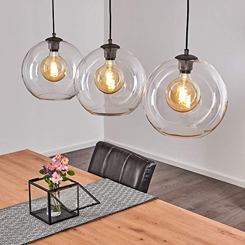 Hängeleuchte Minhe aus Metall/Glas in Grau/Silber/Klar, Hängelampe 3-flammig, 3 x E27, max. Höhe 153 cm, Pendelleuchte im Retro-/Vintage-Look m. Glaskugeln, ohne Leuchtmittel