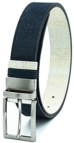 Herren Wendegürtel aus Korkleder, Gürtel für Männer aus Kork 35 mm breit (dunkelblau/weiß, EU85cm)