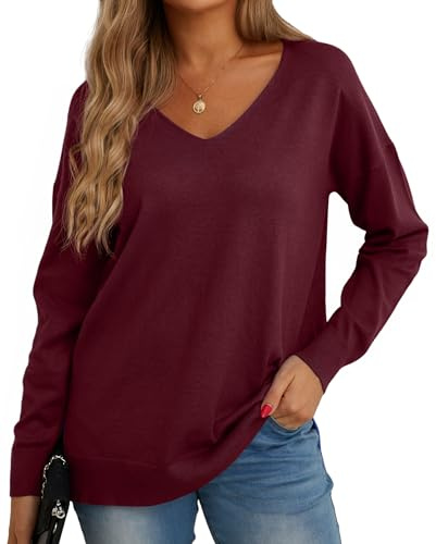 GRECERELLE Women's V Neck Knit Jumper Tops, Wine Red, XL