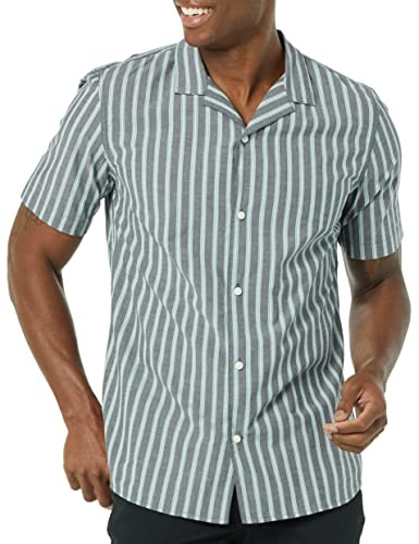 Amazon Essentials Men's Vacation Cotton Button-Down Short Sleeve Resort Shirt, Navy Stripe, Large