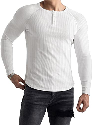 Lehmanlin T Shirt Manche Longue, Sport Henley T-Shirts à Manches Longues, Coton, Coupe Slim Fit