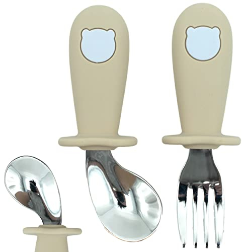ERNESTINE - Posate per bambini ergonomiche in silicone alimentare e acciaio inossidabile - posate bambino apprendimento diversificazione alimentare dme - cucchiaio forchetta per bambini morbida