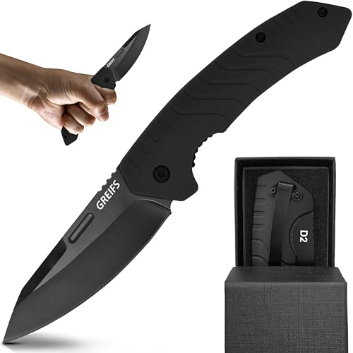 GREIFS® Klappmesser G1 (Zweihandmesser) Messer mit Tasche, Outdoor & Survival Taschenmesser, Überlebensmesser, Jagdmesser (G1+Feuerstahl, Black)