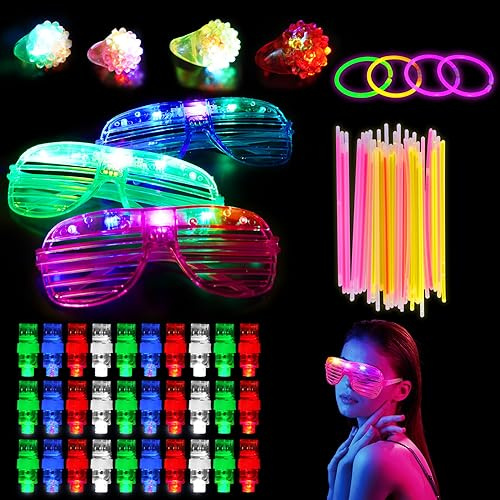 Ainiv 69 st lyser i mörkret festtillbehör för barn, LED-upplysta leksaker neon festtillbehör med 4 geléringar, 3 blinkande glasögon, 30 glödpinnar, 32 fingerlampor, för halloween födelsedagsfest