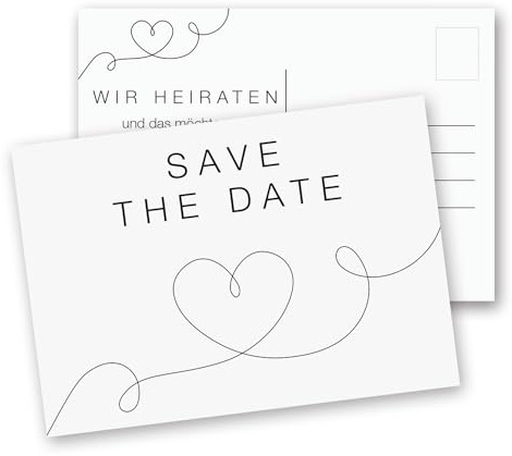 younikat 15 tarjetas postales Save the Date I DIN A6 I línea corazón I Set boda boda invitaciones tarjetas I negro blanco elegante I dv_1278