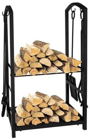 simpa Steel Utility 2in1 Fireside Companion Set & Log Holder - 74cm (H) x 33cm (W) x 37cm (L)