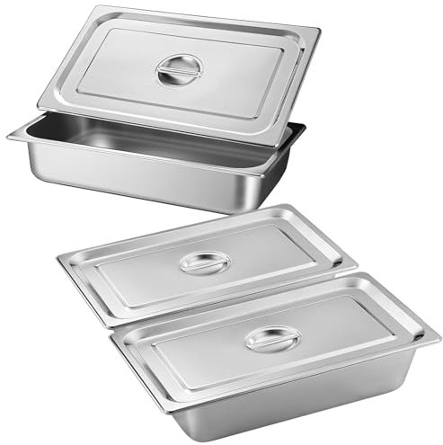 Juego de 3 recipientes gastronorm de acero inoxidable para empanar con tapa, 32,5 x 17,5 x 6,5 cm, recipientes para la cocina, apilables, para marinar carne, chuletas