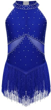 Konståkning Klänning Barn Flickor Strass Frange Body Figur Skridskoåkning Tofs Body för Gymnastik Cha-Cha Tango Latin Danskläder Flicka Ballettklänning (Blå, 8)