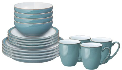 Denby - Azure Rimmed 16 Piece Dinner Set - Dishwasher & Microwave Safe Ceramic Crockery - Glazed Stoneware Tableware - Chip, Crack Resistant - 4 x Dinner Plates, Small Plates, Cereal Bowls & Mugs