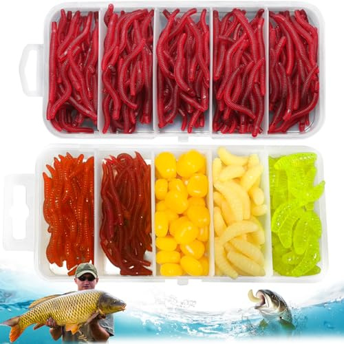 Pmueuff 360 Pezzi Esca Artificiale Vermi Pesce, Verme Artificiale Silicone Esce Morbida Shad Esche Pesca Esca di Mais Simulazione Red Worms Lombrico Pesca per Carpa, Carpa Crucian, Carpa Erbivora