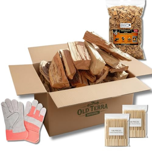 OLD TERRA NATURAL | Kit Leña Premium 10kg para Chimenea, Barbacoa y Horno de Pizza | Troncos seleccionados, Astillas de Frutal y Guantes de Cuero de Calidad