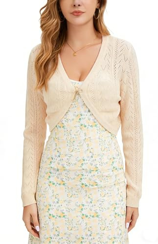 Chaqueta Torera de Punto Bolero Mujer Patrón Calado Hueco Abajo Redondeada Chaqueta Cárdigan Corto Torera Través Capa Manga Larga para Boda Corta Crochet Fiesta Elegante Beige L