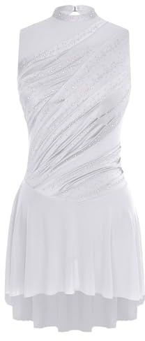Oyolan Donna Vestito Pattinaggio Artistico Body Ginnastica Danza Strass Senza Maniche Tenuta Danza Contemporanea S-XXL, E bianco, S