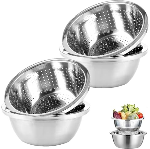 LDHHYH 2 Set rostfritt stål rep och skål, rostfritt stål pastasil 20 cm, kökssil pastasil ris tvättskål, stapelbar skålset i rostfritt stål för grönsaker frukt nudlar ris