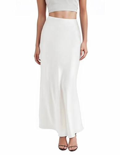 Hybrid & Company Women's High Waist Satin Maxi Skirt KSK3099 Ivory L