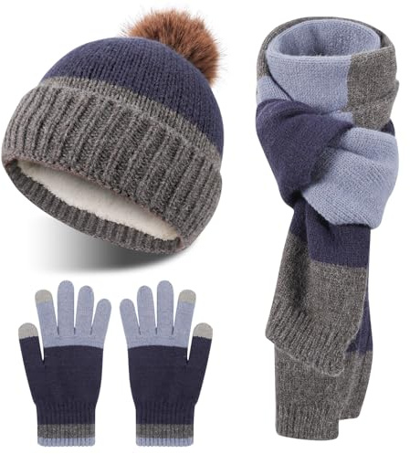 Conjunto de gorro y bufanda de invierno para niños QKURT, gorro de punto cálido de invierno, calentador de cuello, guantes mágicos a rayas para niños de 5 a 12 años