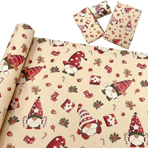 5 Sheets Christmas Wrapping Paper, 70x 50cm Recyclable Kraft Gnome Wrapping Paper for Xmas Party Present Decorations Birthday (Red)