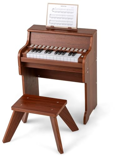 GOPLUS Piano Clavier Enfant avec Tabouret, Piano Numérique 25 Touches avec Pupitre, Mode d'apprentissage, Volume/Vitesse Réglables, Instrument de Musique pour 3+ Ans (Marron)